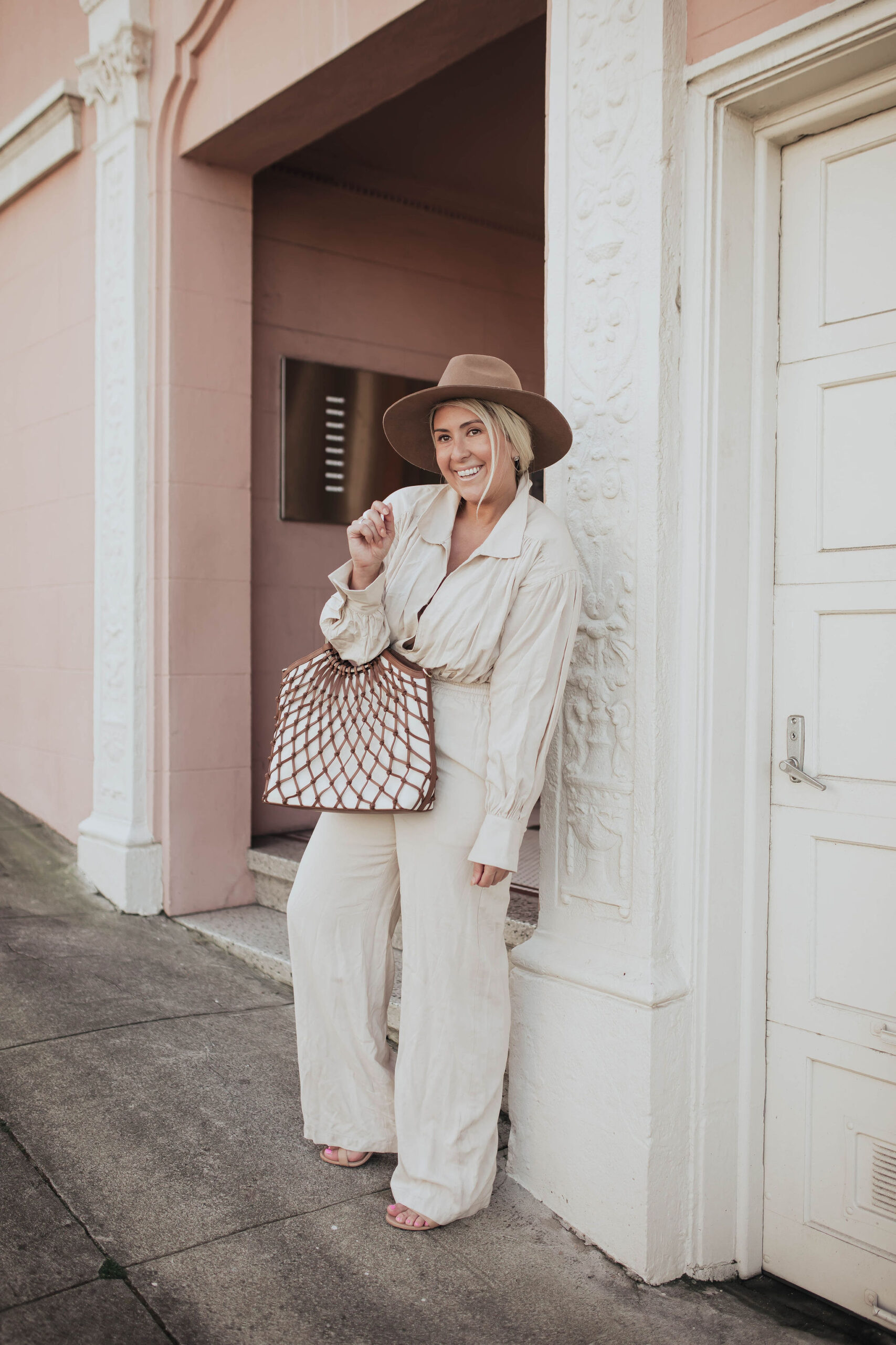 Neutral Jumpsuit Styling, Fashion Blogger katwalksf styles the L'Academie The Rayne Jumpsuit in San Francisco