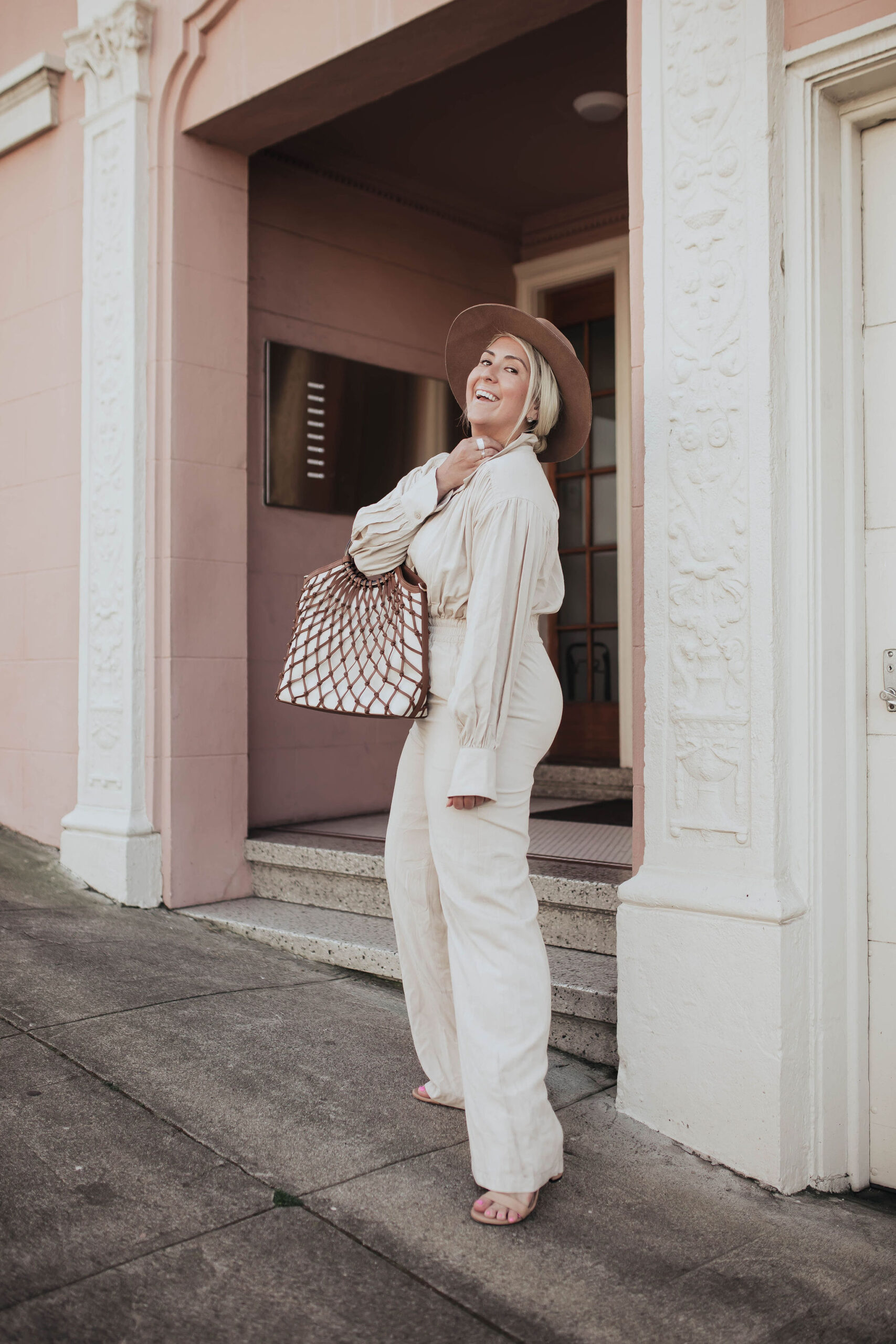Neutral Jumpsuit Styling, Fashion Blogger katwalksf styles the L'Academie The Rayne Jumpsuit in San Francisco