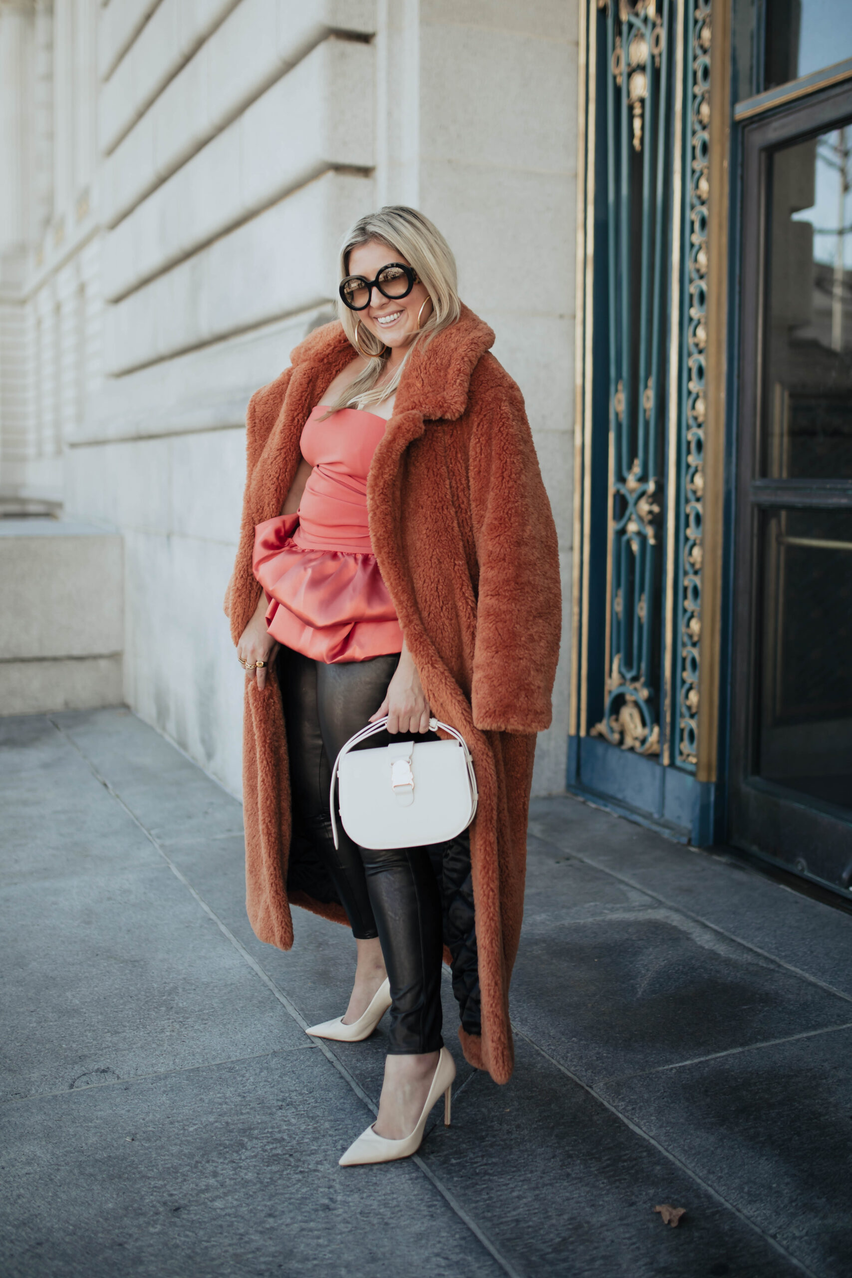 San Francisco Blogger KatWalkSF styles the ASOS LUXE Bandeau Tunic Top + Flare Pant Set with a Revolve fur and leather pants