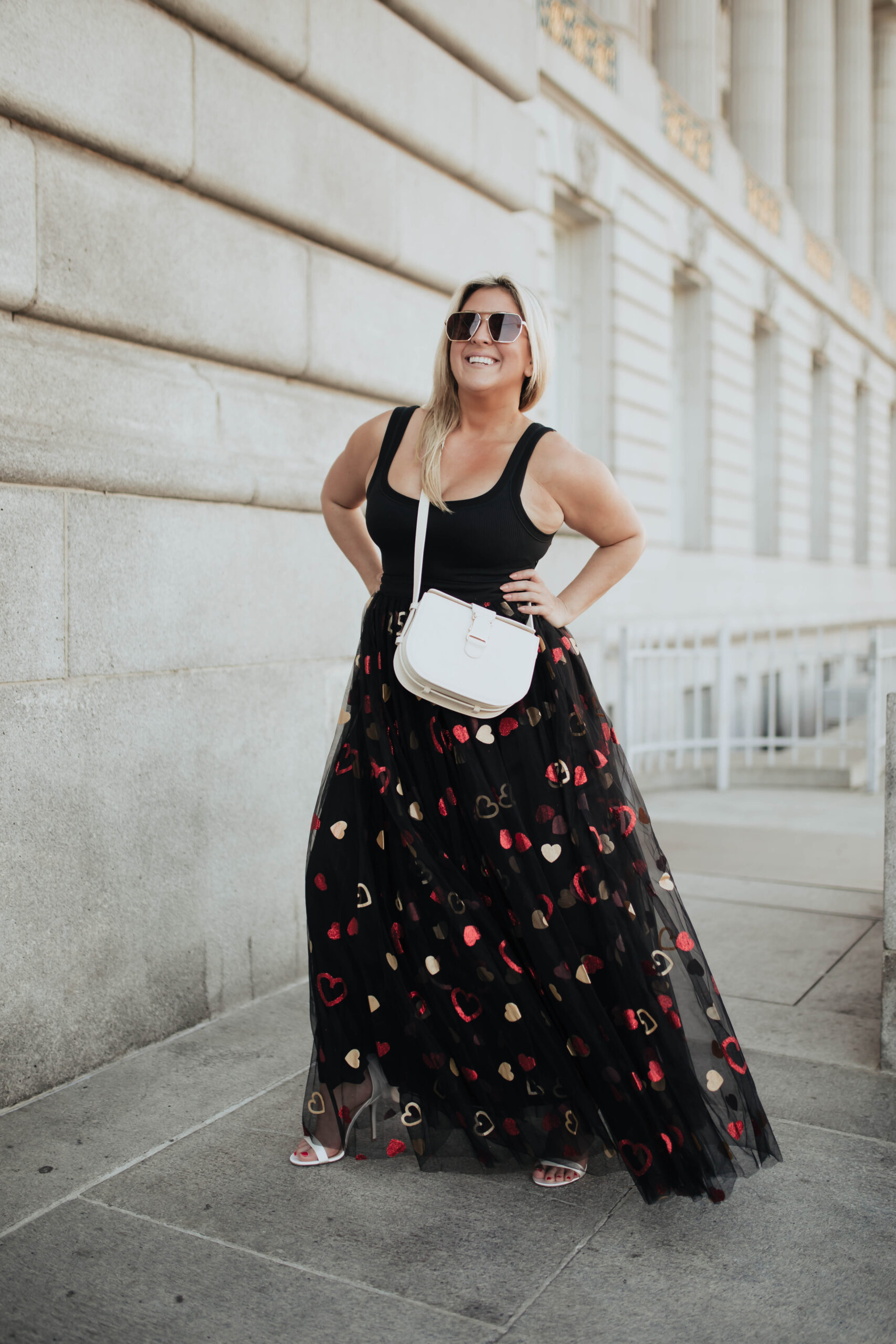 Fashion Blogger KatWalkSF celebrates Valentine's Day at San Francisco city hall wearing an ASOS heart tulle skirt and SPANX bodysuit., Valentine's Day Style