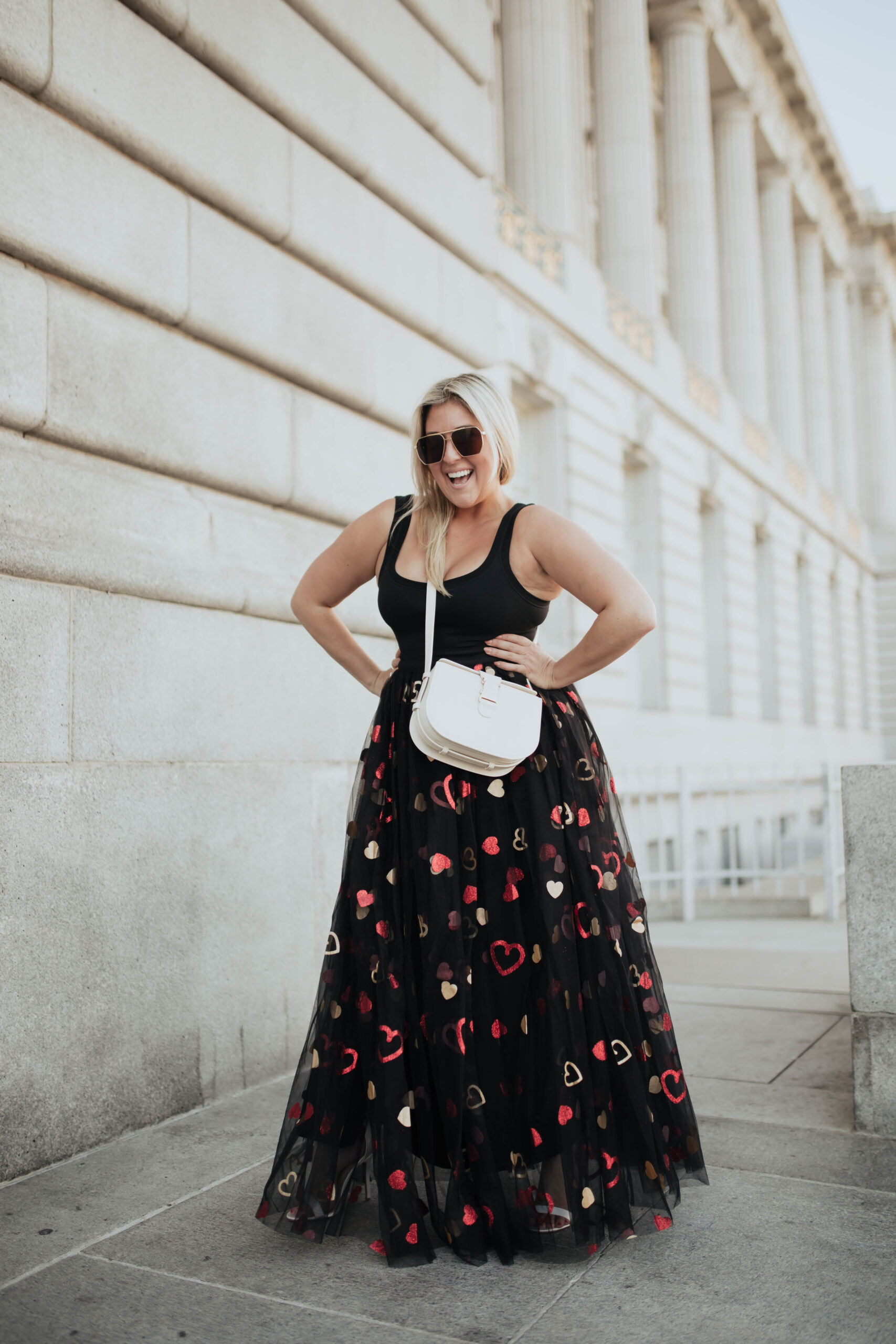 Fashion Blogger KatWalkSF celebrates Valentine's Day at San Francisco city hall wearing an ASOS heart tulle skirt and SPANX bodysuit.
