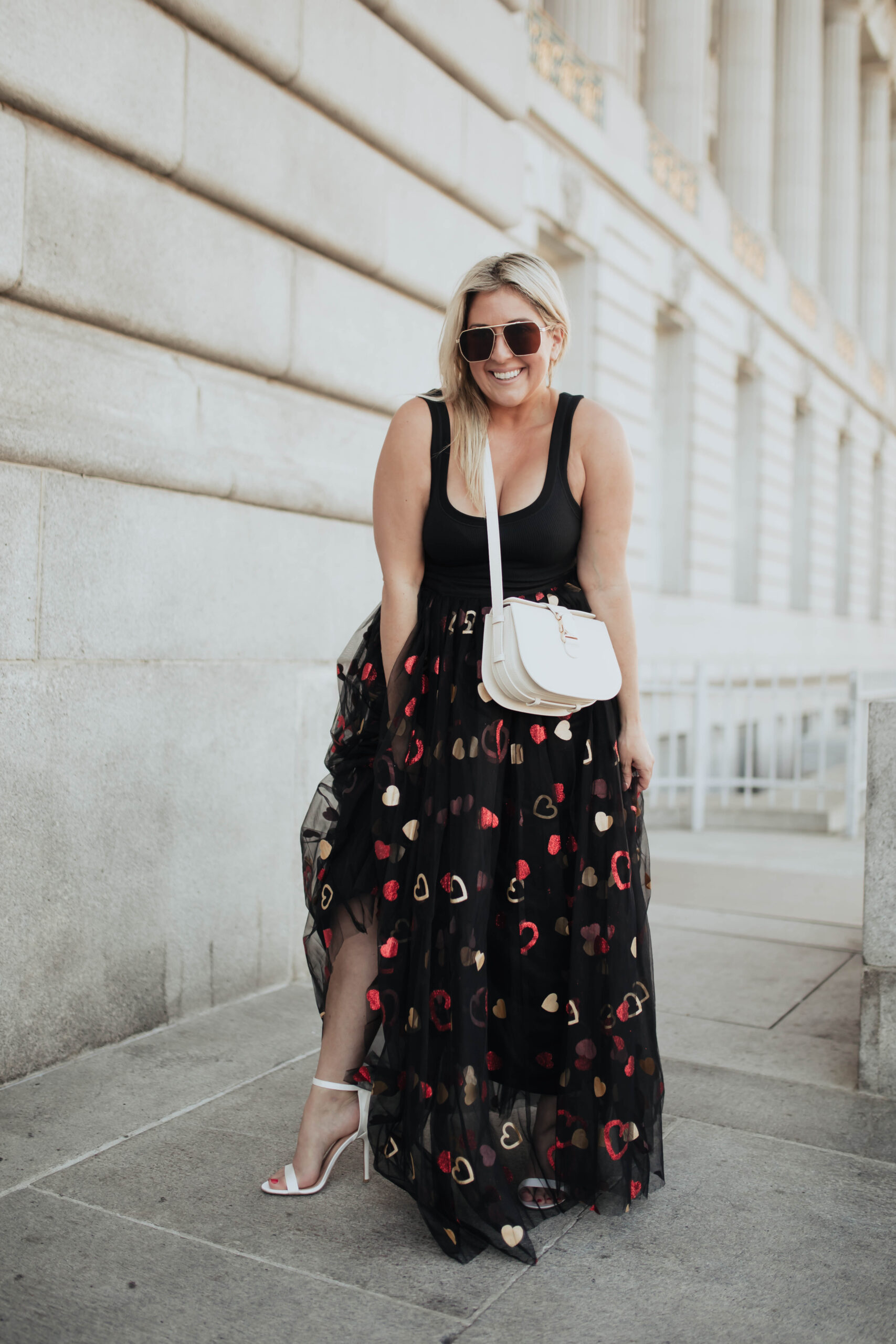 Fashion Blogger KatWalkSF celebrates Valentine's Day at San Francisco city hall wearing an ASOS heart tulle skirt and SPANX bodysuit., Valentine's Day Style