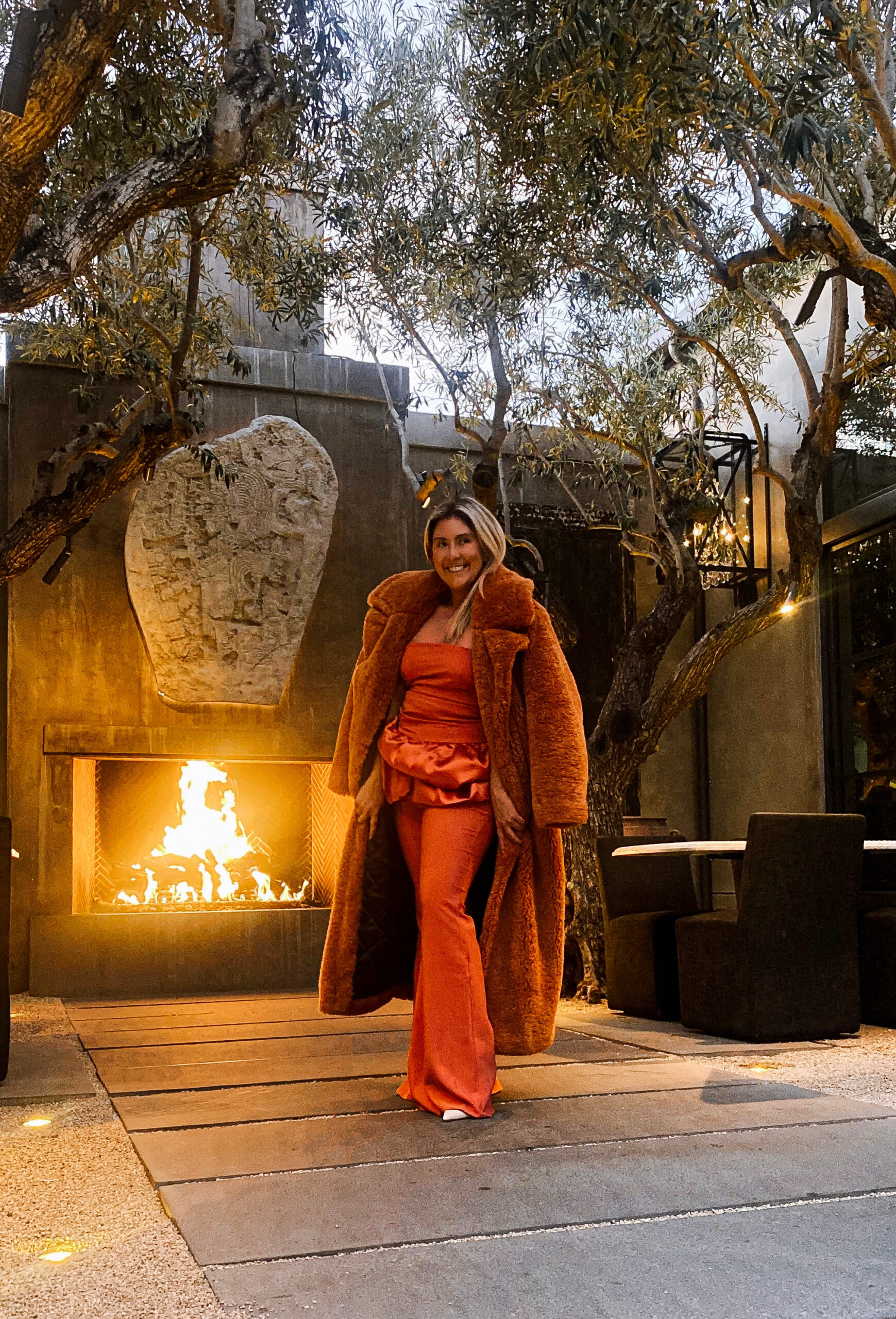 KatWalkSF wearing the ASOS LUXE Bandeau Tunic Top + Flare Pant Set at the Restoration Hardware Yountville