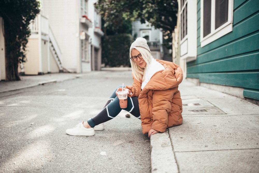 KatWalkSF, Union St., San Francisco Style, Fashion, Style, Sweaty Betty, Base Layers, Ski Clothes, Puffer Coat, Fashionista, Fashion Diaries, Greats Brand, Be One of the Greats, Street Style, SF Blogger, Top SF Blogger, White Hair, Jins Eyewear, Grey Beanie, SF Blogger Style