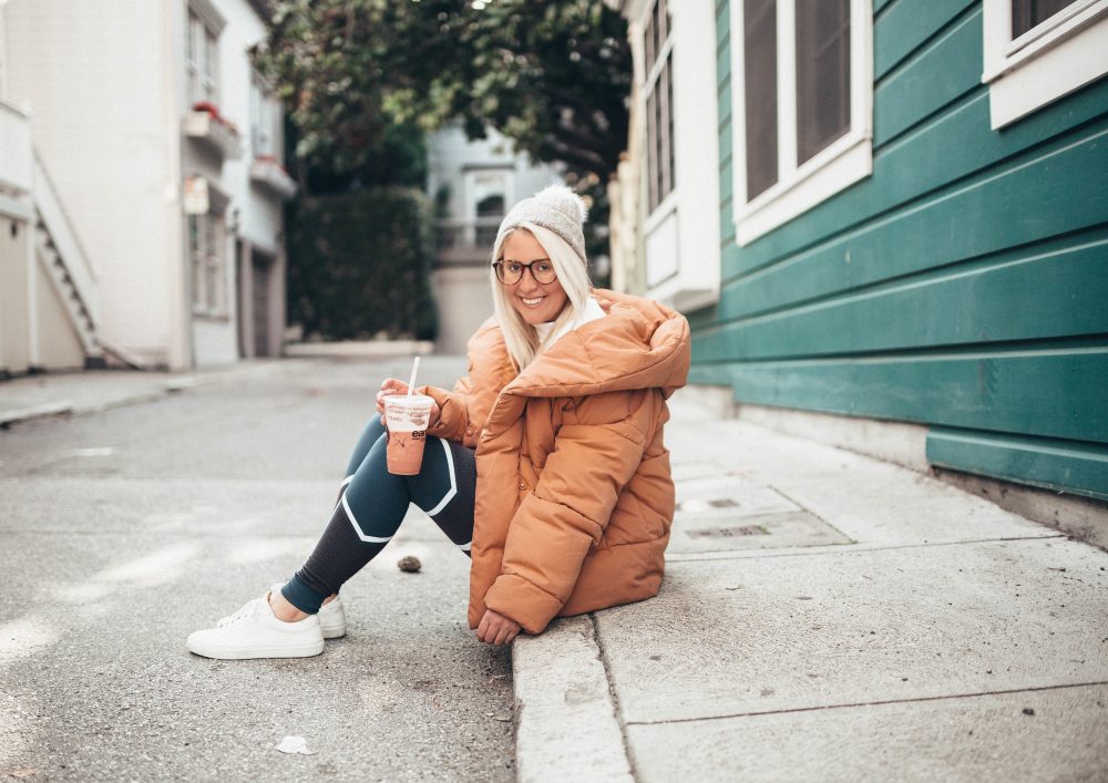 KatWalkSF, Union St., San Francisco Style, Fashion, Style, Sweaty Betty, Base Layers, Ski Clothes, Puffer Coat, Fashionista, Fashion Diaries, Greats Brand, Be One of the Greats, Street Style, SF Blogger, Top SF Blogger, White Hair, Jins Eyewear, Grey Beanie, SF Blogger Style