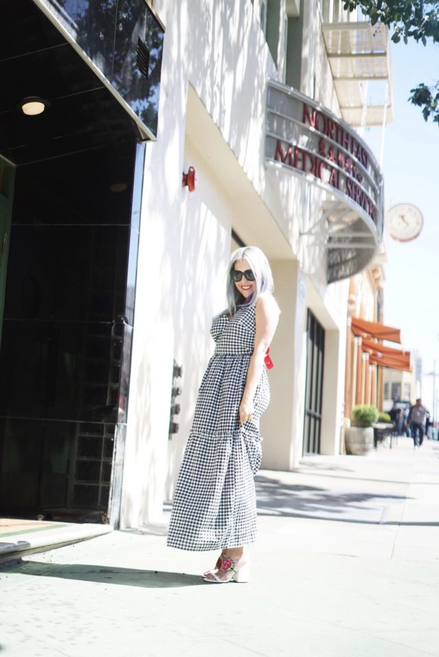 KatWalkSF, Kat Ensign, Fashion Blogger, Fashionista, SF Blogger, Blogger Style, Online Shopping, ASOS Off Shoulder Dress in Postcard and Stripe Print, ASOS Tiered Gingham Maxi Dress with Contrast Tie Back, ASOS HATTON GARDEN Embroidered Mules - White, ASOS, As Seen On Me,